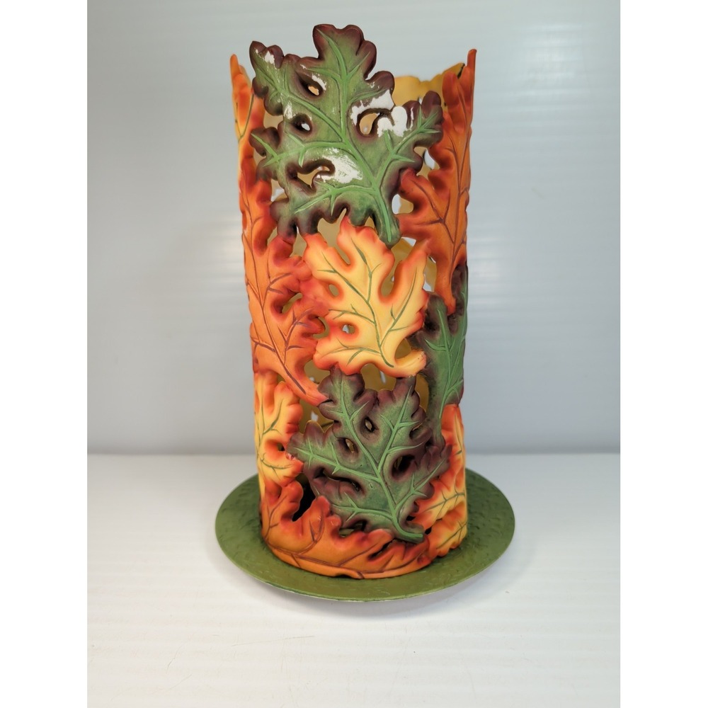 Partylite Whispering Leaves Pillar Lantern with Underplate P9430 9.5in VTG